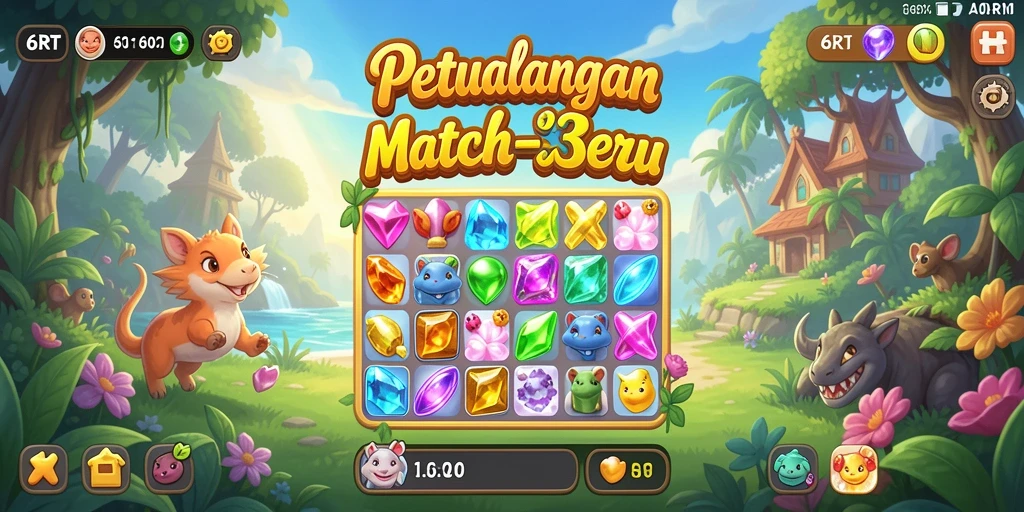 Tampilan gameplay seru di 6RT dengan objek-objek match-3 yang colorful.
