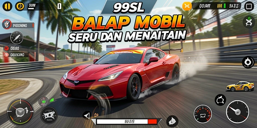 Screenshot 99SL menampilkan aksi balap mobil yang seru dan cepat.