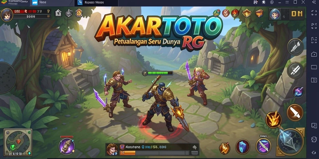 Screenshot utama AKARTOTO menampilkan karakter RPG dalam pertempuran epik.