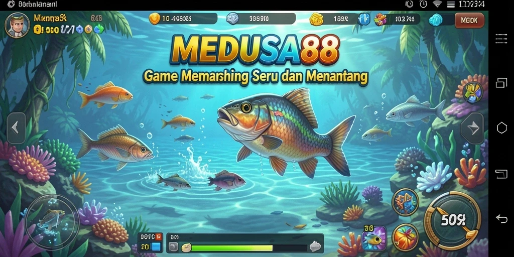 Tampilan gameplay seru dalam MEDUSA88 saat menangkap ikan di lautan.