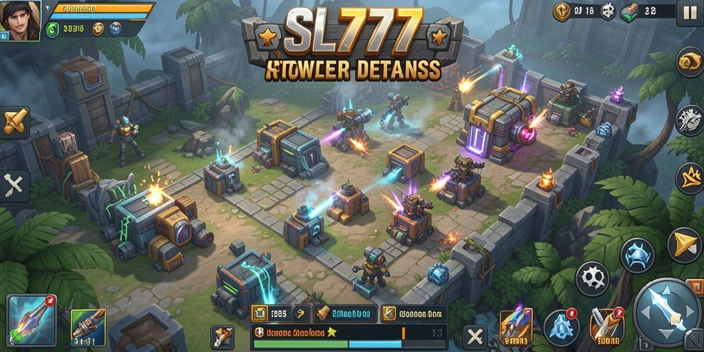 Tangkapan layar gameplay SL777 dengan menara yang beraksi melawan gelombang musuh.